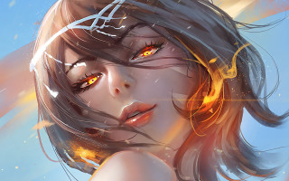 Woman yellow eyes black hair - a blue sky background free wallpaper