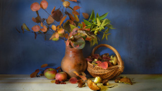 Vase leaves basket apples table - fall vibrancy free wallpaper