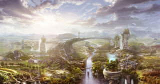 Fantasy waterfall lush fields floating - matte fantasy painting free wallpaper