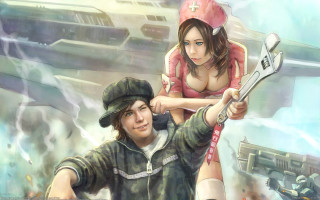 Man woman wrench gun fantasy - game art free wallpaper