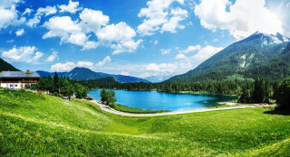 Lake mountains house hill view - bob ross free wallpaper