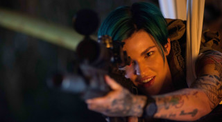 Green haired woman gun smile - green hair holding free wallpaper