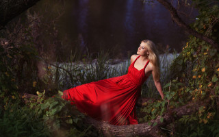 Woman red dress forest flowers - portrait photography free wallpaper for desktop