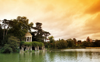 Gazebo lake forest sunset cloudy - a lake and trees free wallpaper