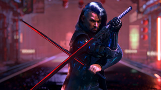 Futuristic cyberpunk swordsman redlights building - a futuristic setting free wallpaper