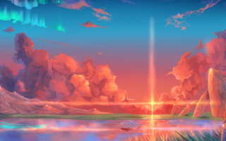 Sunset boat clouds sky beam - a painting of a sunset free wallpaper