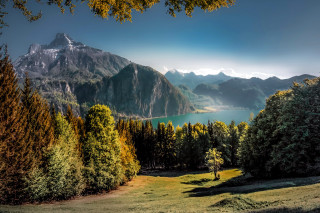 Mountain lake autumn forest sunset 3 - a grassy area free wallpaper