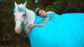 Woman blue dress horse magical - back free wallpaper