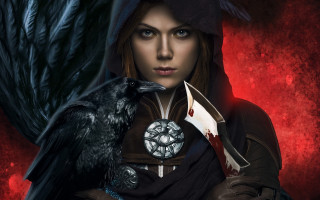 Woman crow knife red background - a black bird free wallpaper