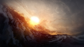 Sunset wave ocean mountain city - in the ocean free wallpaper