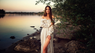 Woman white dress rocky shore - impressionist free wallpaper
