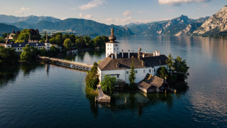 Small island church lake mountains 2 - a small island free wallpaper
