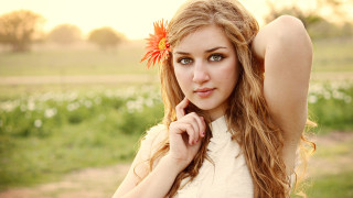 Woman long hair flower field 4 - long hair and a flower free wallpaper