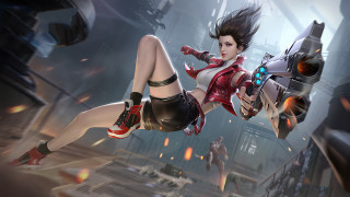 Futuristic city woman gun red - chen hong free wallpaper