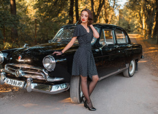 Woman dress leaning car woods - her mouth and a cigarette free wallpaper