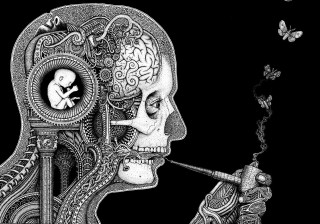 Skeleton smoking clock butterfly drawing - line drawing free wallpaper