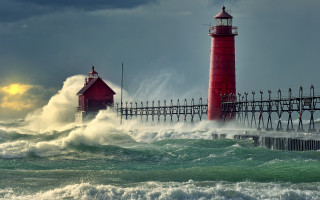 Lighthouse wave stormy beach sunset - stormy weather free wallpaper