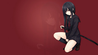Woman black dress sword cat - dark background free wallpaper