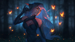 Fantasy forest butterflies woman hat - long hair and a hat free wallpaper