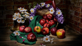 Basket apples daisies still life - a still life free wallpaper