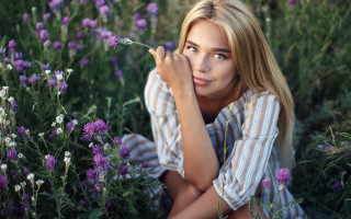 Woman flower field serious elina - a field of flowers free wallpaper