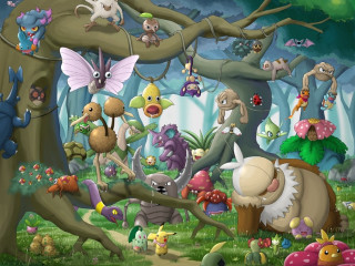 Cartoon animals forest tree mushrooms - a group of cartoon animals free wallpaper