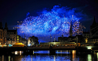 Fireworks cityscape bridge river night 2 - a detailed matte painting free wallpaper