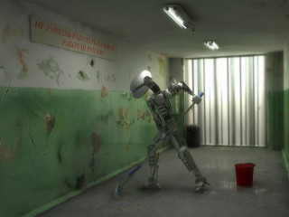Robot standing room paint bucket - a robot free wallpaper