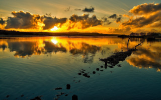 Sunset lake dock clouds autumn - a dock in the foreground free wallpaper