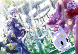 Anime couple fence cat standing - magic realism free wallpaper for desktop