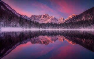 Mountain reflection sunset pink purple 2 - mystical free wallpaper