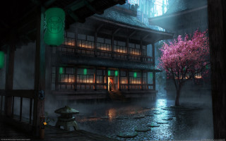 Japanese house rainy night lanterns - evgeny lushpin free wallpaper