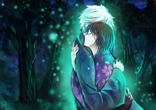 Woman blue dress hugging man - a man in a forest free wallpaper