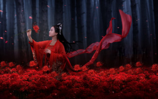Woman red dress flower forest - red petal free wallpaper