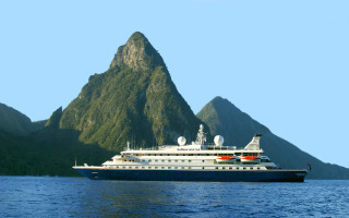 Large boat mountain ocean blue - enguerrand quarton free wallpaper