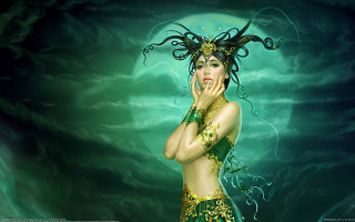 Woman green gold costume wind - a surrealist painting free wallpaper