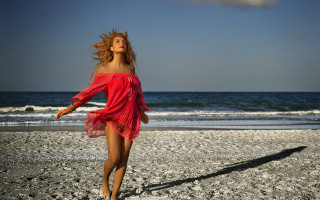 Red dress woman beach waves - a red dress free wallpaper