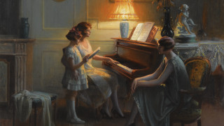 Girls playing piano indoor art - a lamp free wallpaper