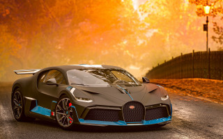 Bugatti sunset autumn leaves realistic - a road in front free wallpaper