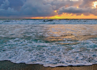 Beach waves sunset clouds ocean - wave free wallpaper