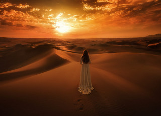 Woman white dress desert sunset 2 - the desert free wallpaper
