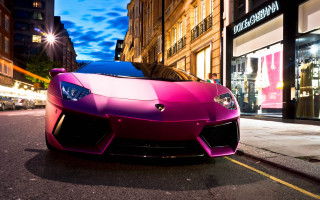 Pink sports car night cityscape 2 - the side of the road in front free wallpaper