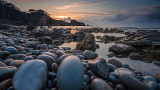 Beach rocks water sunset mountain - rock and water free wallpaper