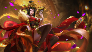 Woman red gold fan crown - costume holding free wallpaper