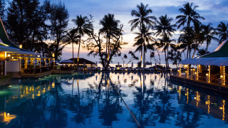 Dusk pool lights palm trees - dusk free wallpaper