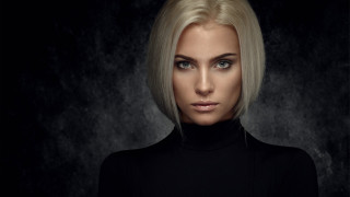 Blonde woman blue eyes black 2 - white hair free wallpaper for desktop