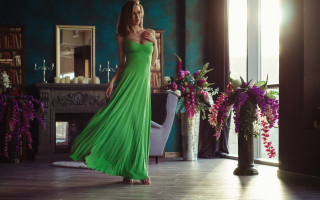 Woman green dress flower fireplace - art nouveau free wallpaper