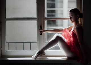 Woman red dress sitting window 3 - a window sill free wallpaper