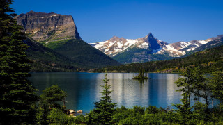 Mountain lake forest snowcapped sky - alson s. clark free wallpaper