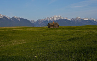 Small house field mountains blue - art free wallpaper for desktop